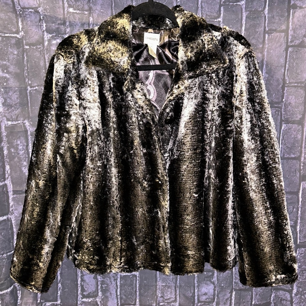 CHICO’S Faux Fur Coat Jacket Black Gray Crop Swing Lined Coat Sz 2